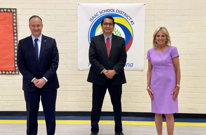 U.S. Second Gentleman Douglas Emhoff, Navajo Nation President Jonathan Nez, and U.S. First Lady Jill Biden